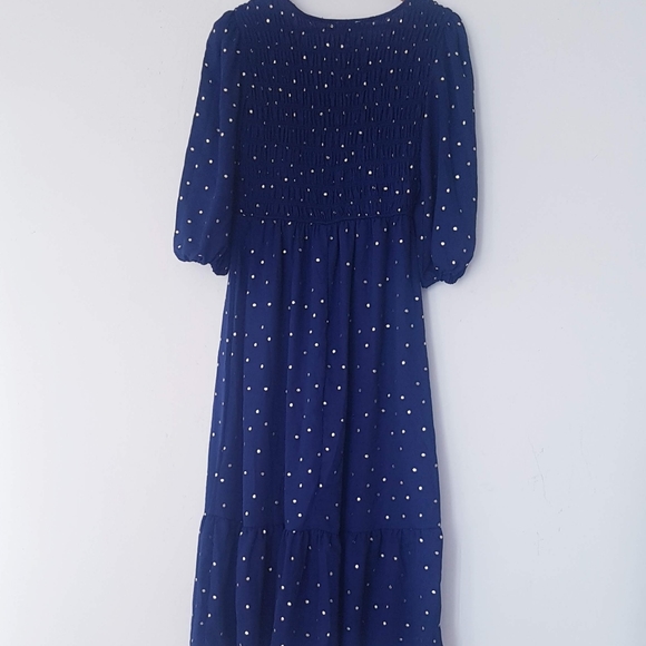 BY THE RIVER Blue & Gold Polkadot V-Neck Tiered Midi Dress - Picture 11 of 13